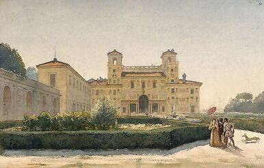 Villa Médicis : vue générale avec des personnages en costume Renaissance