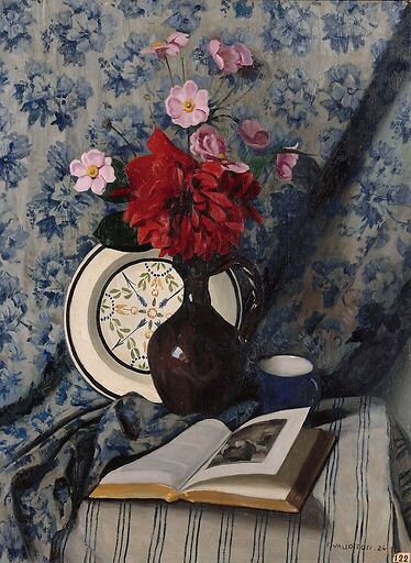 Red Dahlias and open book