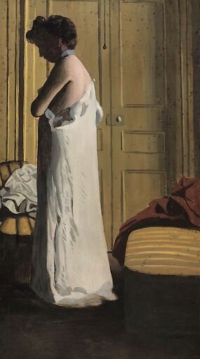 Nude in an interior, woman taking off her shirt