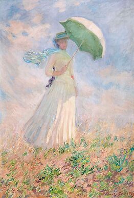 Essai de figure en plein air: femme à l'ombrelle tournée vers la droite