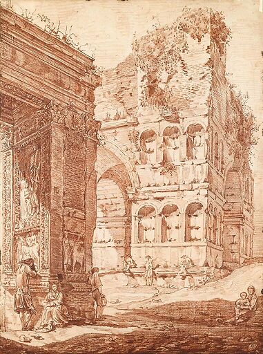 Plusieurs personnes parmi des ruines antiques