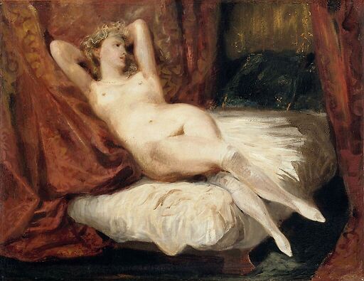 Naked woman, lying on a couch, also known as The Woman with White Stockings