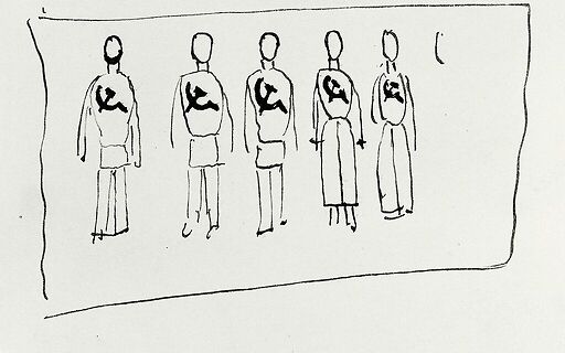 Cinq personnages à la faucille et au marteau