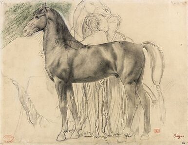 Cheval de profil à gauche et deux femmes retenant un cheval, étude pour Sémiramis construisant Babylone