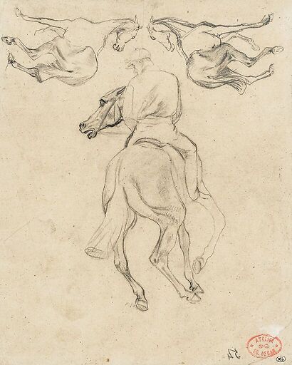 Jockey à cheval, vu de dos, et deux chevaux