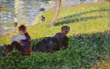 Paysage, homme assis, femme étendue, étude pour Un dimanche après-midi à l’île de la Grande Jatte
