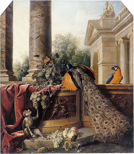 Paon, singe, fruits et bas-relief