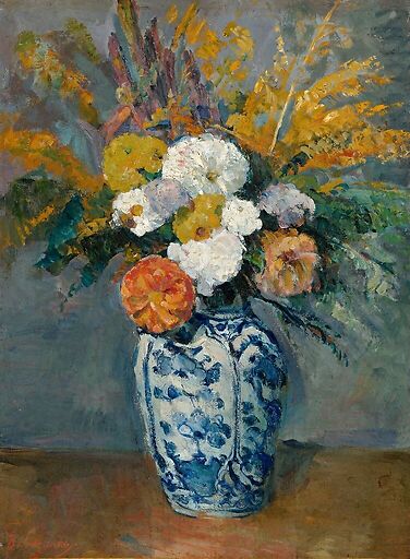 Dahlias dans un grand vase de Delft