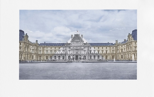 Engraving The Louvre revisited by JR, June 20, 2016 © Pyramide, architect I.M. Pei, Louvre Museum, Paris, France (Colored)