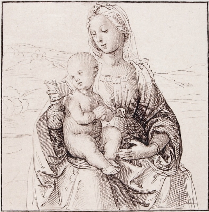Vierge à l'enfant, assise, qui lit dans un paysage - Raphaël