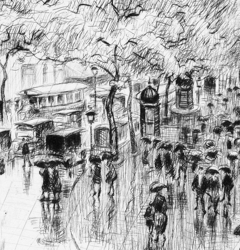 Autumn rain, boulevard des Capucines in Paris