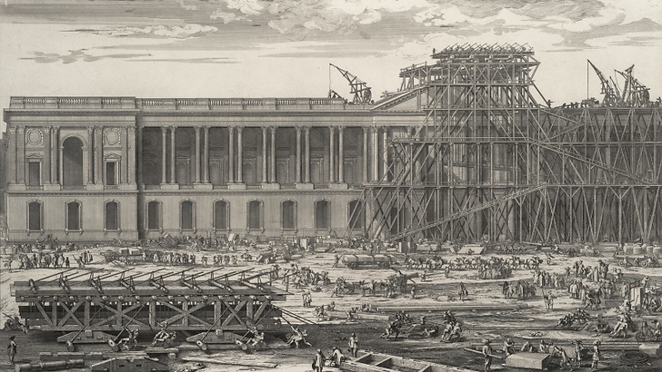 Representation of the machines that were used to raise the stones that cover the Louvre's pediment - Sébastien LeClerc