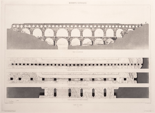 Gard bridge: western façade and plans of the three rows of arcades