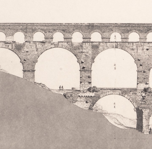 Gard bridge: western façade and plans of the three rows of arcades