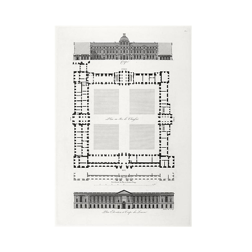 Plan, elevation and section of the Louvre