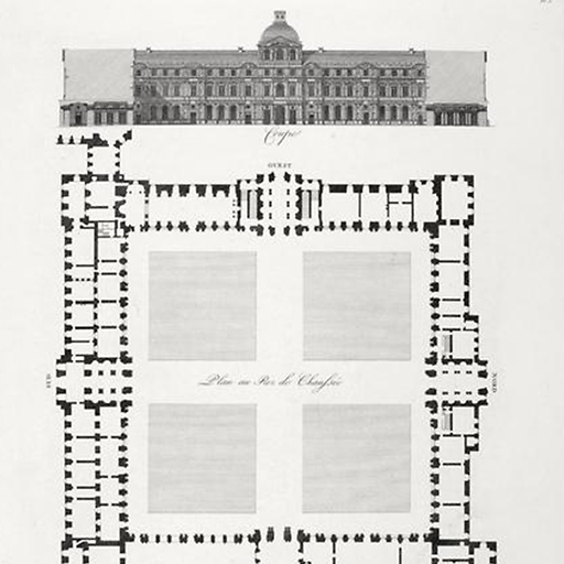 Plan, elevation and section of the Louvre