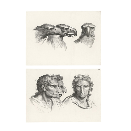 Engraving Three eagles' heads and three men's heads in relation to the eagle