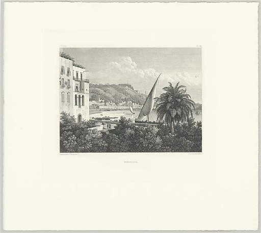 Engraving The port of Mergellina, Naples, side of the Pausylippe