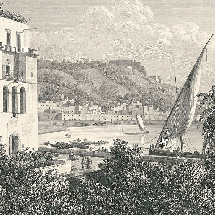 Engraving The port of Mergellina, Naples, side of the Pausylippe