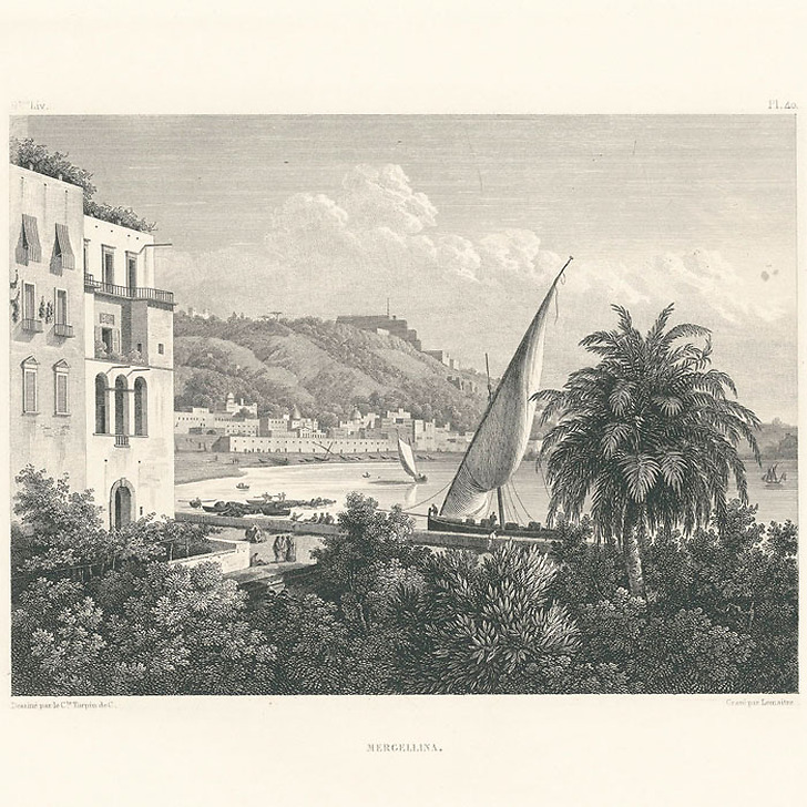Engraving The port of Mergellina, Naples, side of the Pausylippe