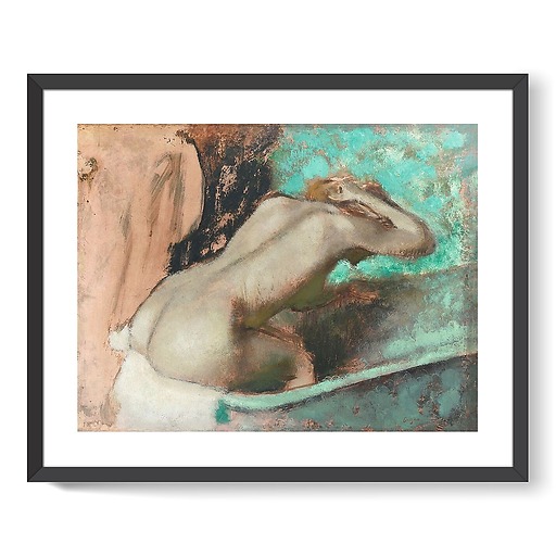 Woman seated on the edge of the bath sponging her neck (framed art prints)