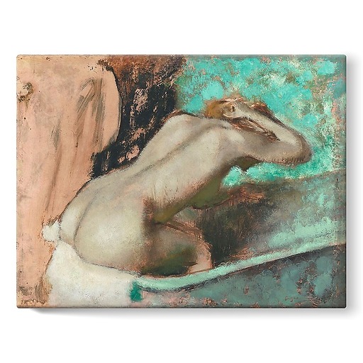 Femme assise sur le rebord d' une baignoire et s'épongeant le cou (toiles sur châssis)