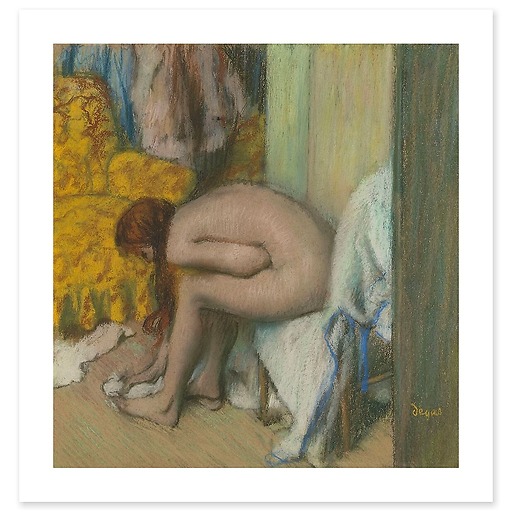 Nude woman wiping her left feet. A woman at her toilet (art prints)