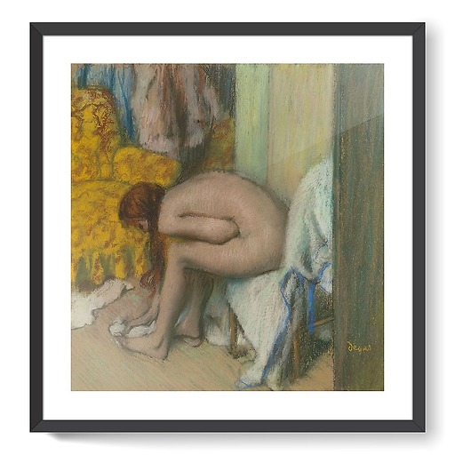 Nude woman wiping her left feet. A woman at her toilet (framed art prints)