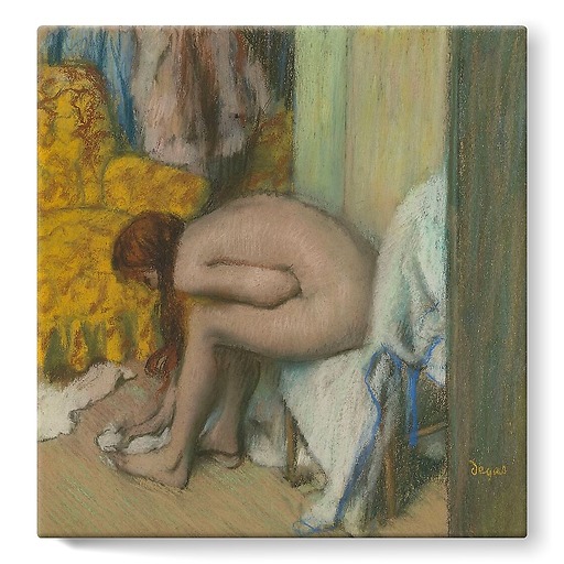 Nude woman wiping her left feet. A woman at her toilet (stretched canvas)