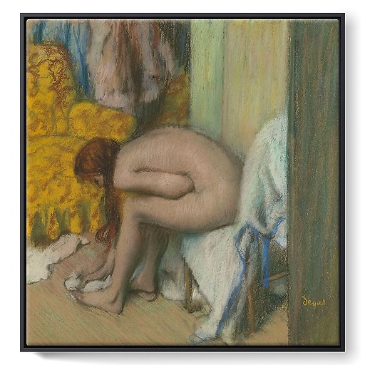 Nude woman wiping her left feet. A woman at her toilet (framed canvas)