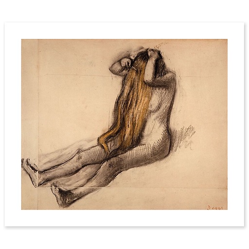 Femme assise par terre, se peignant (affiches d'art)