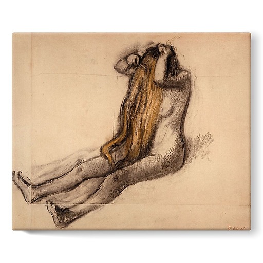 Woman sitting on the floor, combing her hair (stretched canvas)