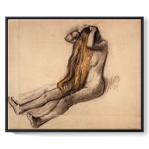 Woman sitting on the floor, combing her hair (framed canvas)