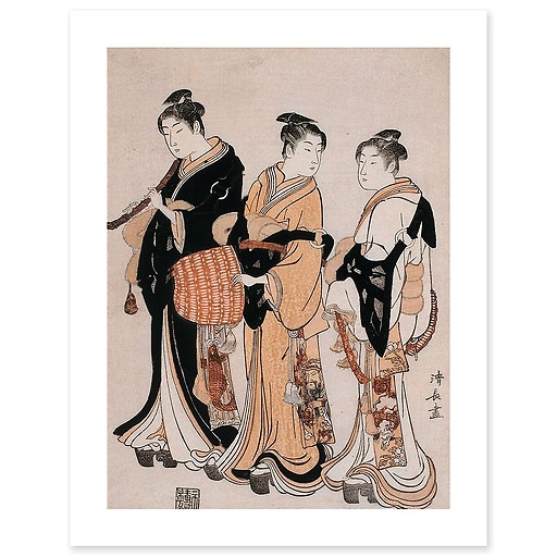 Trois jeunes femmes déguisées en Komuso (ménestrel ambulant) (affiches d'art)