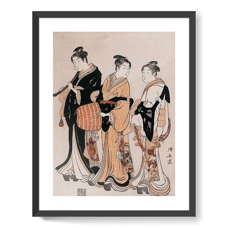 Trois jeunes femmes déguisées en Komuso (ménestrel ambulant) (affiches d'art encadrées)