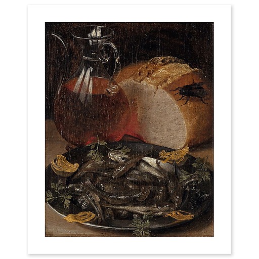 Still life with fish and bottle of wine (canvas without frame)