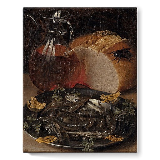 Still life with fish and bottle of wine (stretched canvas)
