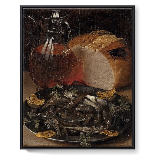 Still life with fish and bottle of wine (framed canvas)