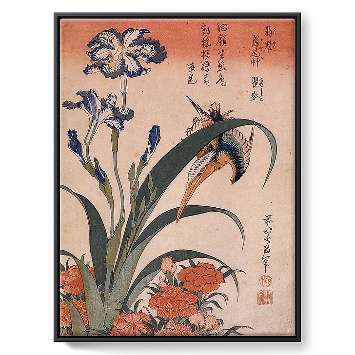 Kingfisher, carnation and iris (framed canvas)