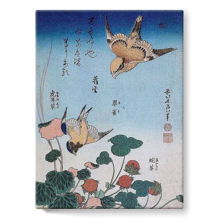 Shrike and Bluebird with Begonia and Wild Strawberry (stretched canvas)