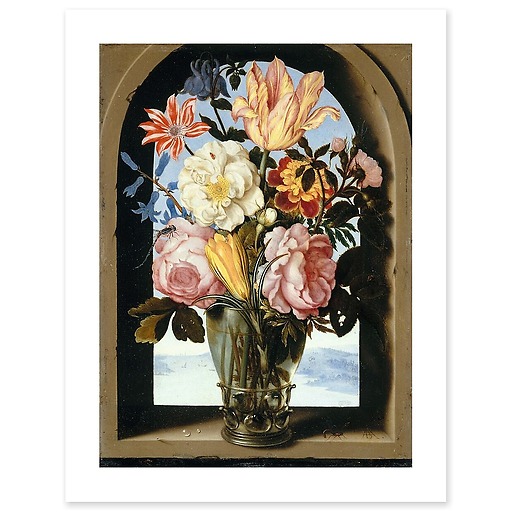 Bouquet of flowers in a stone frame opening onto a landscape (art prints)