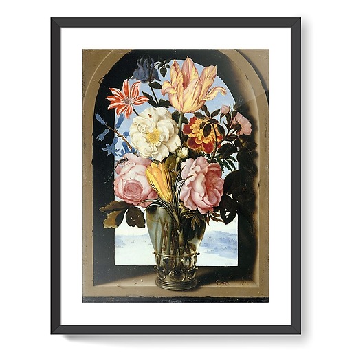 Bouquet de fleurs dans une armature de pierre s'ouvrant sur un paysage (affiches d'art encadrées)