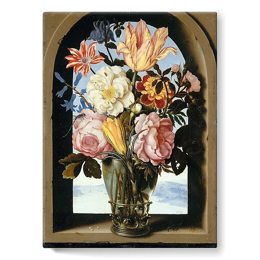 Bouquet of flowers in a stone frame opening onto a landscape (stretched canvas)