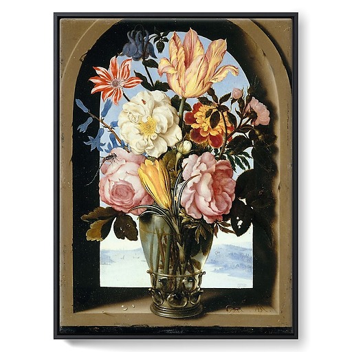 Bouquet of flowers in a stone frame opening onto a landscape (framed canvas)