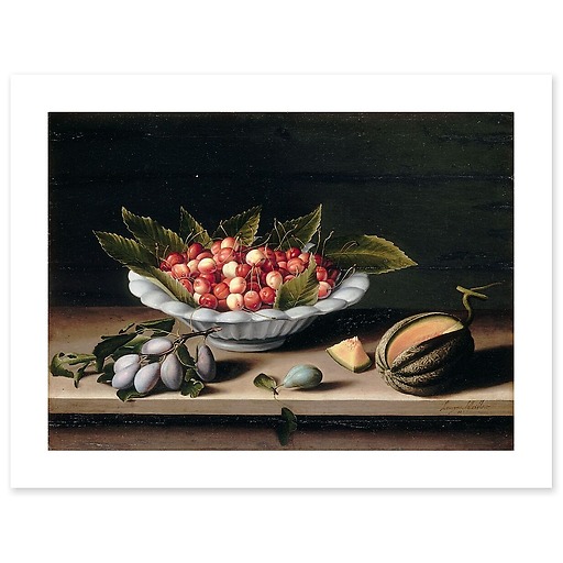 Cup of cherries, plums and melon (art prints)