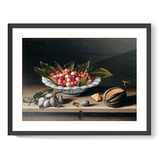 Cup of cherries, plums and melon (framed art prints)
