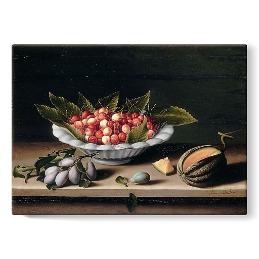 Cup of cherries, plums and melon (stretched canvas)