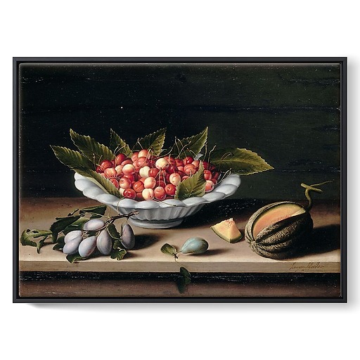 Cup of cherries, plums and melon (framed canvas)