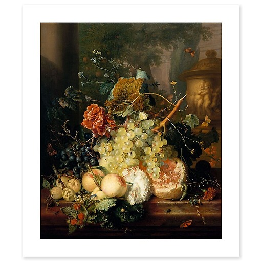 Fruits and flowers near a vase decorated with cherubs. (art prints)