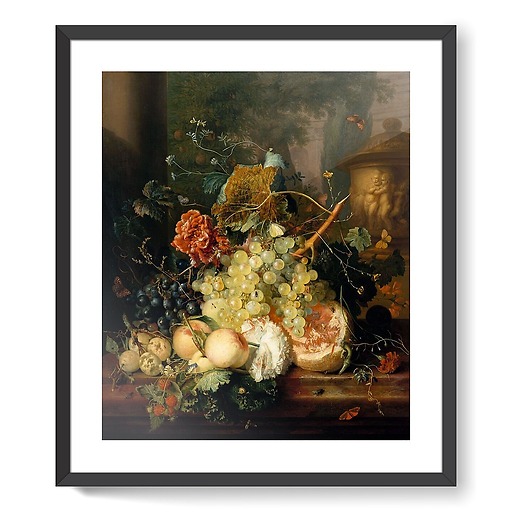 Fruits and flowers near a vase decorated with cherubs. (framed art prints)